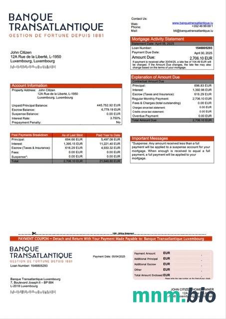 Luksemburg Banque Transatlantique Luxembourg wyciąg z kredytu hipotecznego szablon Word i PDF